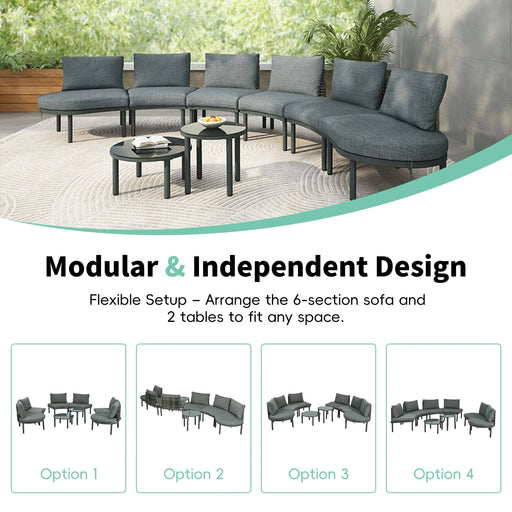 TOPMAX 8-Piece Patio Sofa Furniture Set, Half Moon Outdoor Sectional Sofa with 2 High-Low Coffee Tables, PE Wicker Rattan, Tempered Glass, 6 Pillows & Cushions, for Backyard, Garden, Poolside,Gray Default -DTYStore