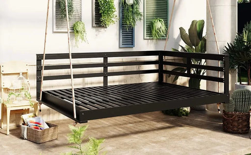 TOPMAX Acacia Wood Porch Swing Bed for Outdoor with Hemp Ropes - Full Size Patio Hanging Bed, 350lbs Capacity, Open-Side Minimalist Design for Patio, Backyard, Garden, Black Default -DTYStore