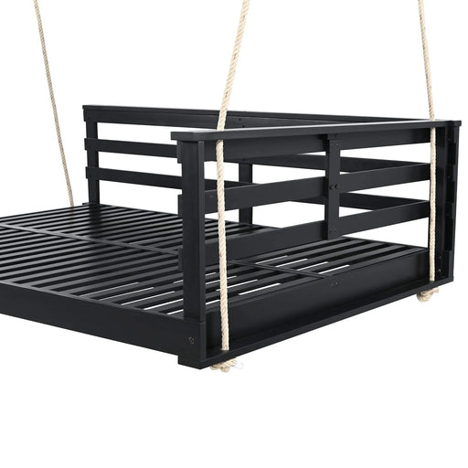 TOPMAX Acacia Wood Porch Swing Bed for Outdoor with Hemp Ropes - Full Size Patio Hanging Bed, 350lbs Capacity, Open-Side Minimalist Design for Patio, Backyard, Garden, Black Default -DTYStore