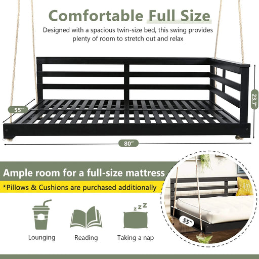 TOPMAX Acacia Wood Porch Swing Bed for Outdoor with Hemp Ropes - Full Size Patio Hanging Bed, 350lbs Capacity, Open-Side Minimalist Design for Patio, Backyard, Garden, Black Default -DTYStore