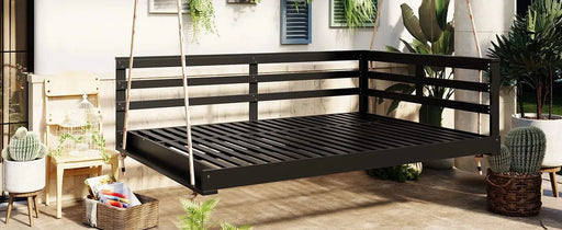 TOPMAX Acacia Wood Porch Swing Bed for Outdoor with Hemp Ropes - Full Size Patio Hanging Bed, 350lbs Capacity, Open-Side Minimalist Design for Patio, Backyard, Garden, Black Default -DTYStore