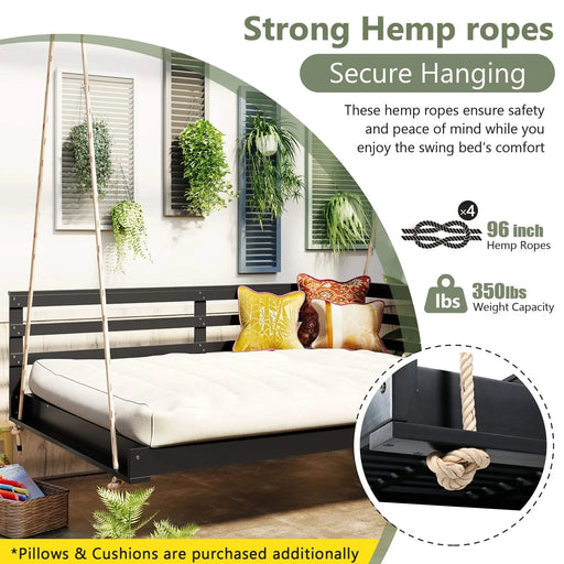TOPMAX Acacia Wood Porch Swing Bed for Outdoor with Hemp Ropes - Full Size Patio Hanging Bed, 350lbs Capacity, Open-Side Minimalist Design for Patio, Backyard, Garden, Black Default -DTYStore