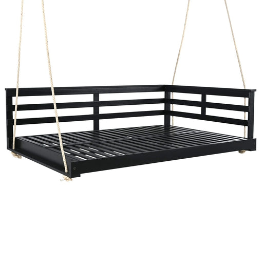TOPMAX Acacia Wood Porch Swing Bed for Outdoor with Hemp Ropes - Full Size Patio Hanging Bed, 350lbs Capacity, Open-Side Minimalist Design for Patio, Backyard, Garden, Black Default -DTYStore