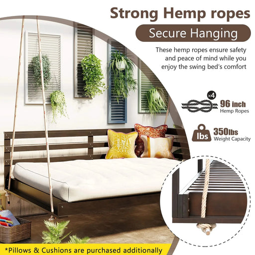 TOPMAX Acacia Wood Porch Swing Bed for Outdoor with Hemp Ropes - Full Size Patio Hanging Bed, 350lbs Capacity, Open-Side Minimalist Design for Patio, Backyard, Garden, Brown -DTYStore