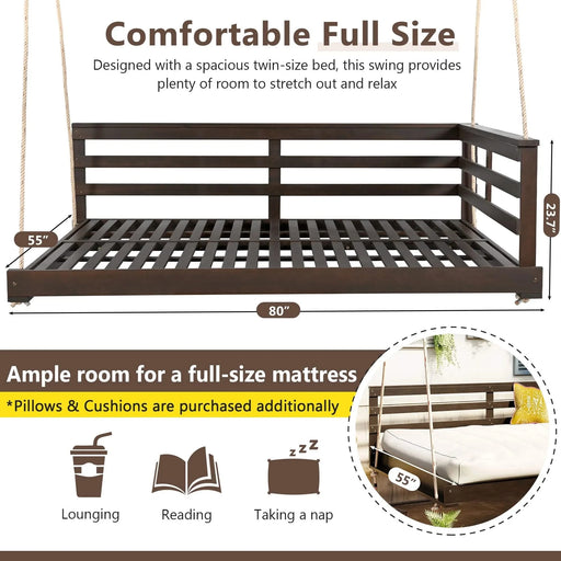 TOPMAX Acacia Wood Porch Swing Bed for Outdoor with Hemp Ropes - Full Size Patio Hanging Bed, 350lbs Capacity, Open-Side Minimalist Design for Patio, Backyard, Garden, Brown -DTYStore