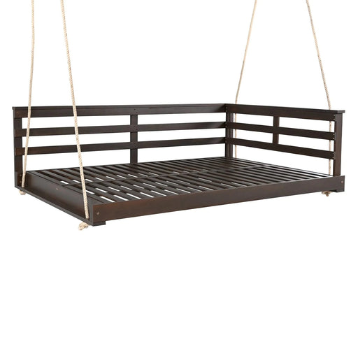 TOPMAX Acacia Wood Porch Swing Bed for Outdoor with Hemp Ropes - Full Size Patio Hanging Bed, 350lbs Capacity, Open-Side Minimalist Design for Patio, Backyard, Garden, Brown -DTYStore