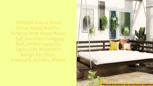 TOPMAX Acacia Wood Porch Swing Bed for Outdoor with Hemp Ropes - Full Size Patio Hanging Bed, 350lbs Capacity, Open-Side Minimalist Design for Patio, Backyard, Garden, Brown -DTYStore