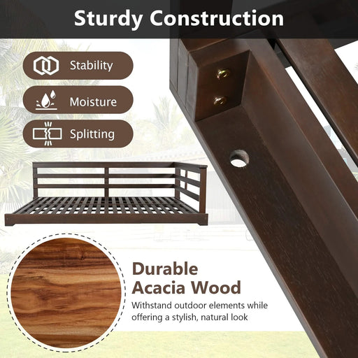 TOPMAX Acacia Wood Porch Swing Bed for Outdoor with Hemp Ropes - Full Size Patio Hanging Bed, 350lbs Capacity, Open-Side Minimalist Design for Patio, Backyard, Garden, Brown -DTYStore