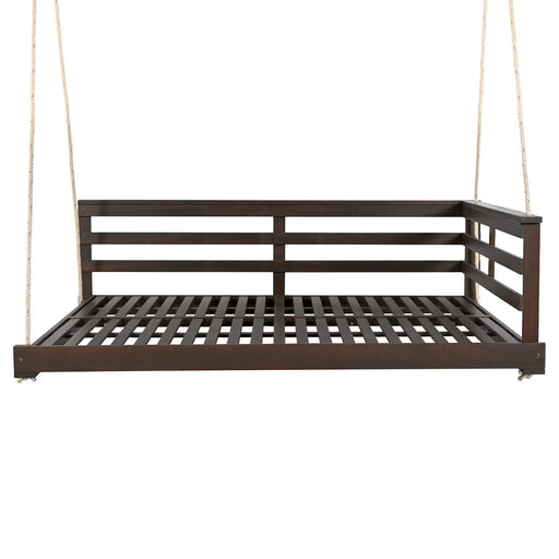 TOPMAX Acacia Wood Porch Swing Bed for Outdoor with Hemp Ropes - Full Size Patio Hanging Bed, 350lbs Capacity, Open-Side Minimalist Design for Patio, Backyard, Garden, Brown -DTYStore