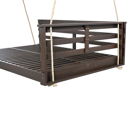 TOPMAX Acacia Wood Porch Swing Bed for Outdoor with Hemp Ropes - Full Size Patio Hanging Bed, 350lbs Capacity, Open-Side Minimalist Design for Patio, Backyard, Garden, Brown -DTYStore