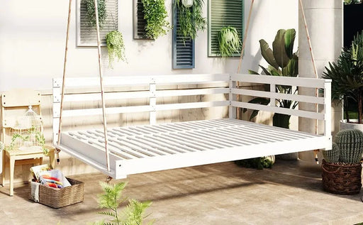 TOPMAX Acacia Wood Porch Swing Bed for Outdoor with Hemp Ropes - Full Size Patio Hanging Bed, 350lbs Capacity, Open-Side Minimalist Design for Patio, Backyard, Garden, White Default -DTYStore