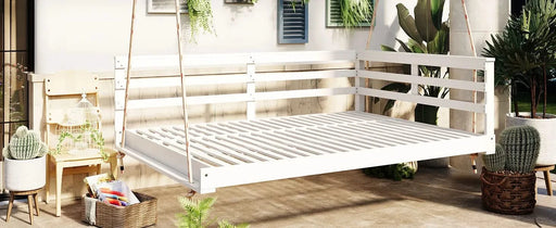 TOPMAX Acacia Wood Porch Swing Bed for Outdoor with Hemp Ropes - Full Size Patio Hanging Bed, 350lbs Capacity, Open-Side Minimalist Design for Patio, Backyard, Garden, White Default -DTYStore