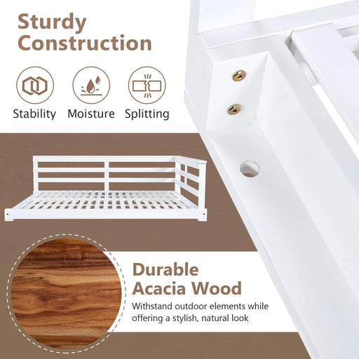 TOPMAX Acacia Wood Porch Swing Bed for Outdoor with Hemp Ropes - Full Size Patio Hanging Bed, 350lbs Capacity, Open-Side Minimalist Design for Patio, Backyard, Garden, White Default -DTYStore