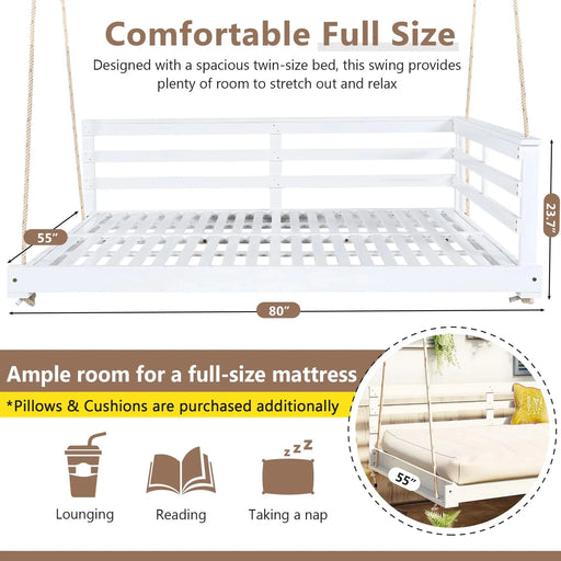 TOPMAX Acacia Wood Porch Swing Bed for Outdoor with Hemp Ropes - Full Size Patio Hanging Bed, 350lbs Capacity, Open-Side Minimalist Design for Patio, Backyard, Garden, White Default -DTYStore