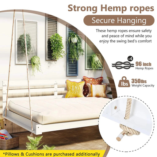 TOPMAX Acacia Wood Porch Swing Bed for Outdoor with Hemp Ropes - Full Size Patio Hanging Bed, 350lbs Capacity, Open-Side Minimalist Design for Patio, Backyard, Garden, White Default -DTYStore