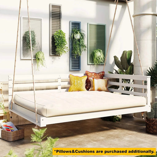 TOPMAX Acacia Wood Porch Swing Bed for Outdoor with Hemp Ropes - Full Size Patio Hanging Bed, 350lbs Capacity, Open-Side Minimalist Design for Patio, Backyard, Garden, White Default -DTYStore