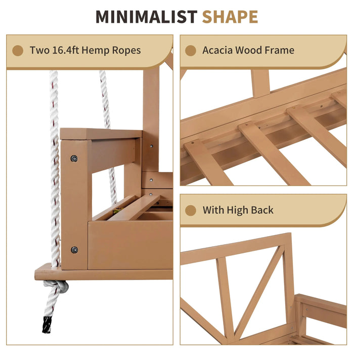 TOPMAX Acacia Wood Twin Size Patio Swing Bed Modern Porch Swing Hanging Bed Frame with 16.4ft Hemp Ropes for Garden,Backyard,Natural Default -DTYStore