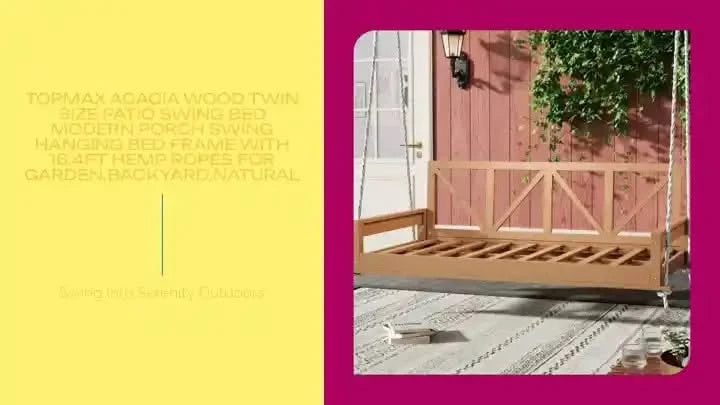 TOPMAX Acacia Wood Twin Size Patio Swing Bed Modern Porch Swing Hanging Bed Frame with 16.4ft Hemp Ropes for Garden,Backyard,Natural Default -DTYStore