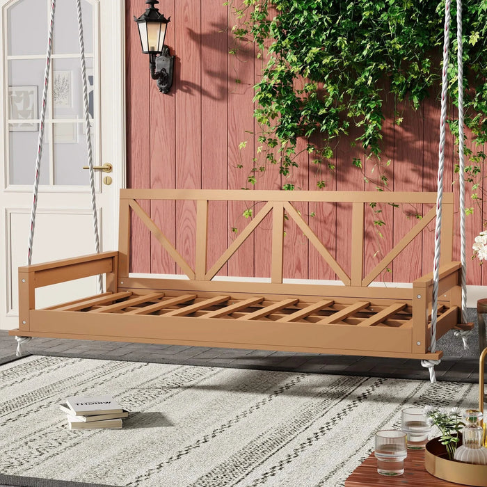 TOPMAX Acacia Wood Twin Size Patio Swing Bed Modern Porch Swing Hanging Bed Frame with 16.4ft Hemp Ropes for Garden,Backyard,Natural Default -DTYStore