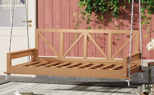 TOPMAX Acacia Wood Twin Size Patio Swing Bed Modern Porch Swing Hanging Bed Frame with 16.4ft Hemp Ropes for Garden,Backyard,Natural Default -DTYStore