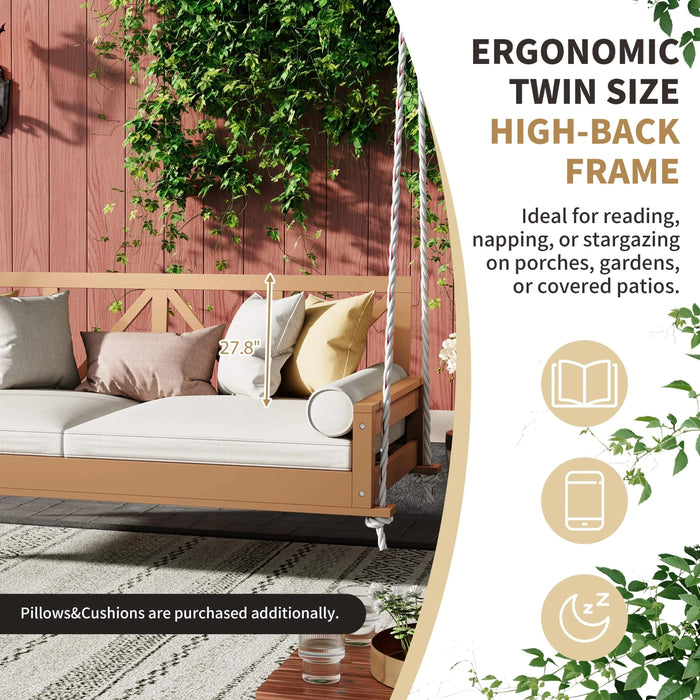 TOPMAX Acacia Wood Twin Size Patio Swing Bed Modern Porch Swing Hanging Bed Frame with 16.4ft Hemp Ropes for Garden,Backyard,Natural Default -DTYStore