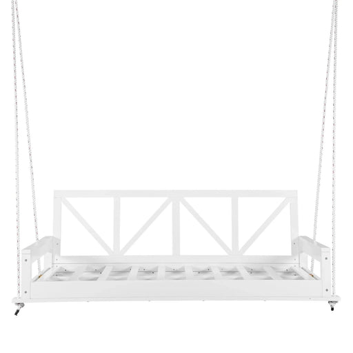 TOPMAX Acacia Wood Twin Size Patio Swing Bed Modern Porch Swing Hanging Bed Frame with 16.4ft Hemp Ropes for Garden,Backyard,White Default -DTYStore