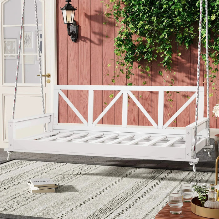 TOPMAX Acacia Wood Twin Size Patio Swing Bed Modern Porch Swing Hanging Bed Frame with 16.4ft Hemp Ropes for Garden,Backyard,White Default -DTYStore