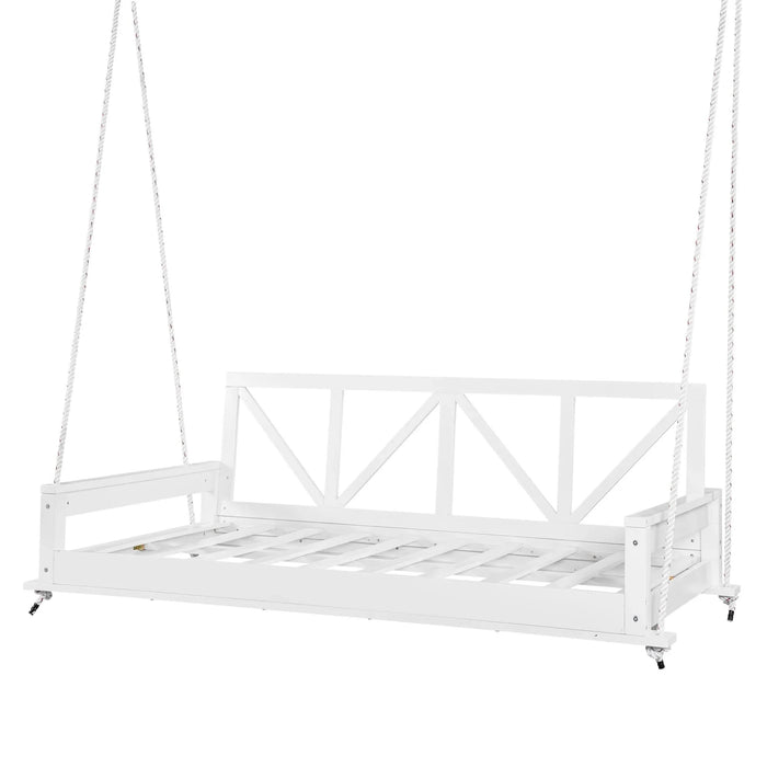TOPMAX Acacia Wood Twin Size Patio Swing Bed Modern Porch Swing Hanging Bed Frame with 16.4ft Hemp Ropes for Garden,Backyard,White Default -DTYStore