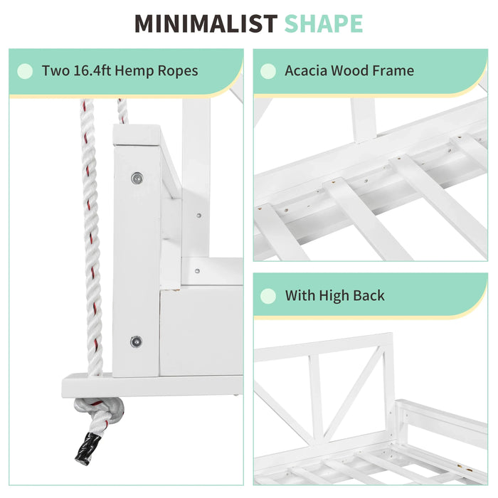 TOPMAX Acacia Wood Twin Size Patio Swing Bed Modern Porch Swing Hanging Bed Frame with 16.4ft Hemp Ropes for Garden,Backyard,White Default -DTYStore