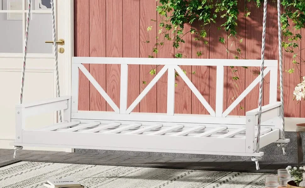 TOPMAX Acacia Wood Twin Size Patio Swing Bed Modern Porch Swing Hanging Bed Frame with 16.4ft Hemp Ropes for Garden,Backyard,White Default -DTYStore