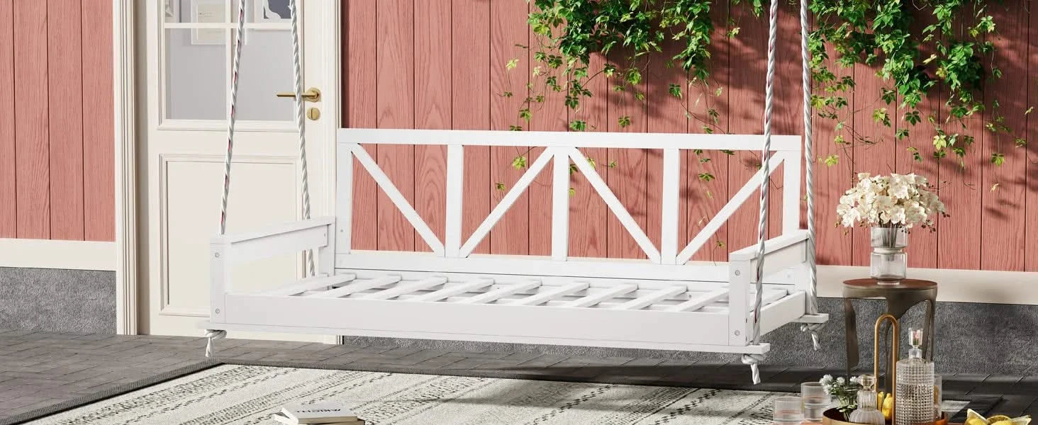 TOPMAX Acacia Wood Twin Size Patio Swing Bed Modern Porch Swing Hanging Bed Frame with 16.4ft Hemp Ropes for Garden,Backyard,White Default -DTYStore