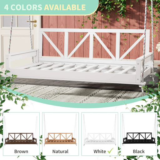 TOPMAX Acacia Wood Twin Size Patio Swing Bed Modern Porch Swing Hanging Bed Frame with 16.4ft Hemp Ropes for Garden,Backyard,White Default -DTYStore
