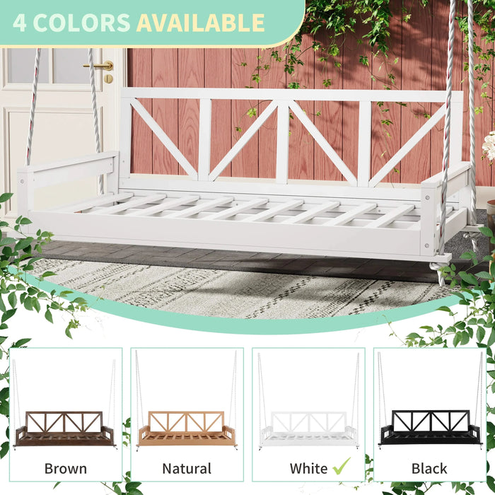 TOPMAX Acacia Wood Twin Size Patio Swing Bed Modern Porch Swing Hanging Bed Frame with 16.4ft Hemp Ropes for Garden,Backyard,White Default -DTYStore