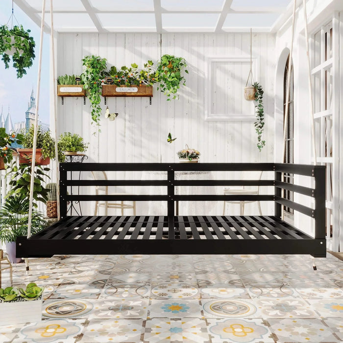 TOPMAX Country Patio Wooden Twin Size Swing Daybed Porch Swing Frame with 4pcs 96-inch Hemp Ropes for Backyard, Garden, Black Default -DTYStore