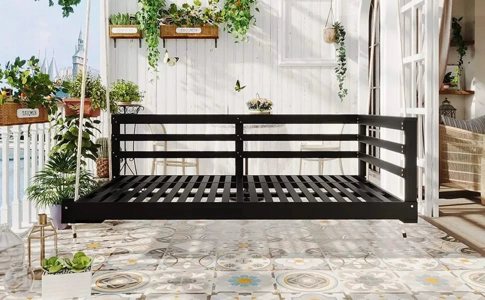 TOPMAX Country Patio Wooden Twin Size Swing Daybed Porch Swing Frame with 4pcs 96-inch Hemp Ropes for Backyard, Garden, Black Default -DTYStore