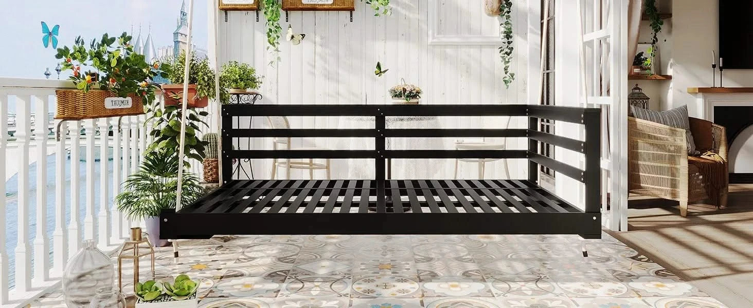 TOPMAX Country Patio Wooden Twin Size Swing Daybed Porch Swing Frame with 4pcs 96-inch Hemp Ropes for Backyard, Garden, Black Default -DTYStore