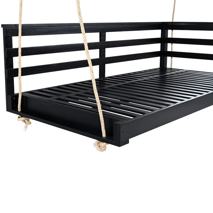 TOPMAX Country Patio Wooden Twin Size Swing Daybed Porch Swing Frame with 4pcs 96-inch Hemp Ropes for Backyard, Garden, Black Default -DTYStore