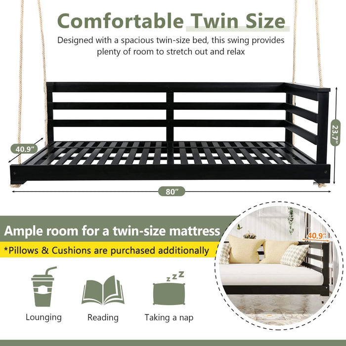 TOPMAX Country Patio Wooden Twin Size Swing Daybed Porch Swing Frame with 4pcs 96-inch Hemp Ropes for Backyard, Garden, Black Default -DTYStore
