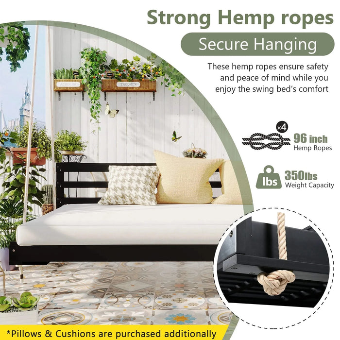 TOPMAX Country Patio Wooden Twin Size Swing Daybed Porch Swing Frame with 4pcs 96-inch Hemp Ropes for Backyard, Garden, Black Default -DTYStore