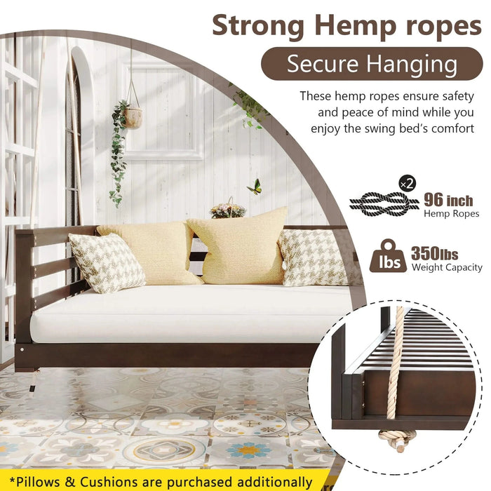 TOPMAX Country Patio Wooden Twin Size Swing Daybed Porch Swing Frame with 4pcs 96-inch Hemp Ropes for Backyard, Garden, Brown Default -DTYStore