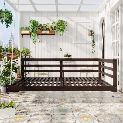 TOPMAX Country Patio Wooden Twin Size Swing Daybed Porch Swing Frame with 4pcs 96-inch Hemp Ropes for Backyard, Garden, Brown Default -DTYStore