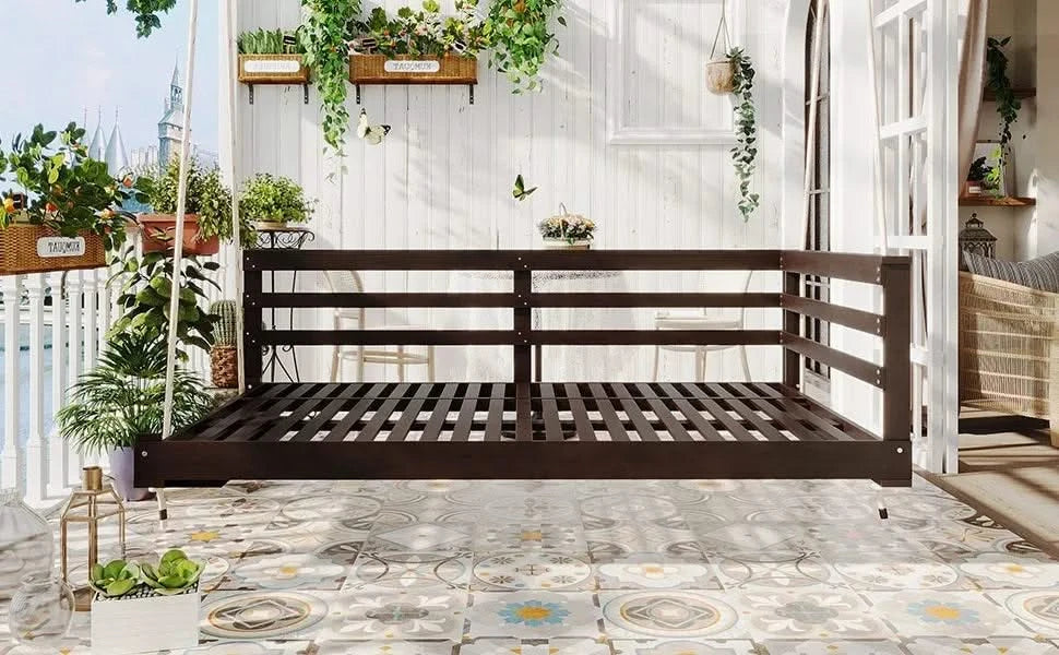 TOPMAX Country Patio Wooden Twin Size Swing Daybed Porch Swing Frame with 4pcs 96-inch Hemp Ropes for Backyard, Garden, Brown Default -DTYStore