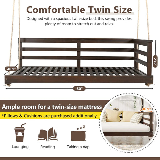TOPMAX Country Patio Wooden Twin Size Swing Daybed Porch Swing Frame with 4pcs 96-inch Hemp Ropes for Backyard, Garden, Brown Default -DTYStore