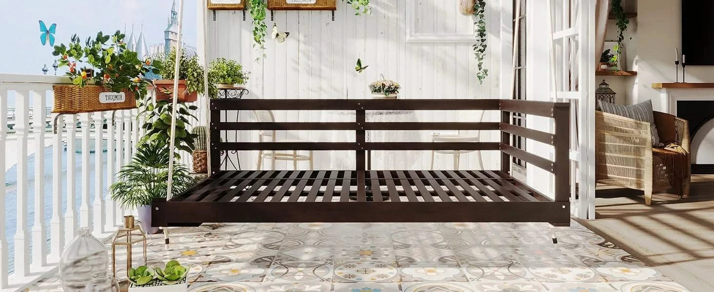 TOPMAX Country Patio Wooden Twin Size Swing Daybed Porch Swing Frame with 4pcs 96-inch Hemp Ropes for Backyard, Garden, Brown Default -DTYStore