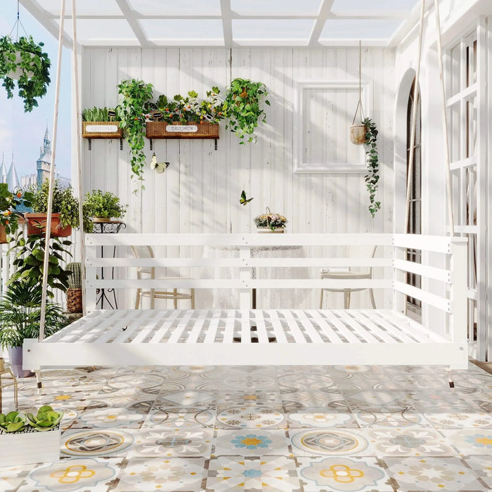 TOPMAX Country Patio Wooden Twin Size Swing Daybed Porch Swing Frame with 4pcs 96-inch Hemp Ropes for Backyard, Garden, White Default -DTYStore