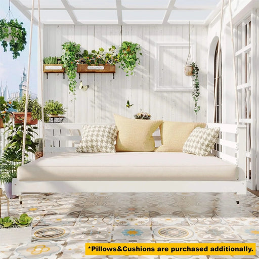 TOPMAX Country Patio Wooden Twin Size Swing Daybed Porch Swing Frame with 4pcs 96-inch Hemp Ropes for Backyard, Garden, White Default -DTYStore