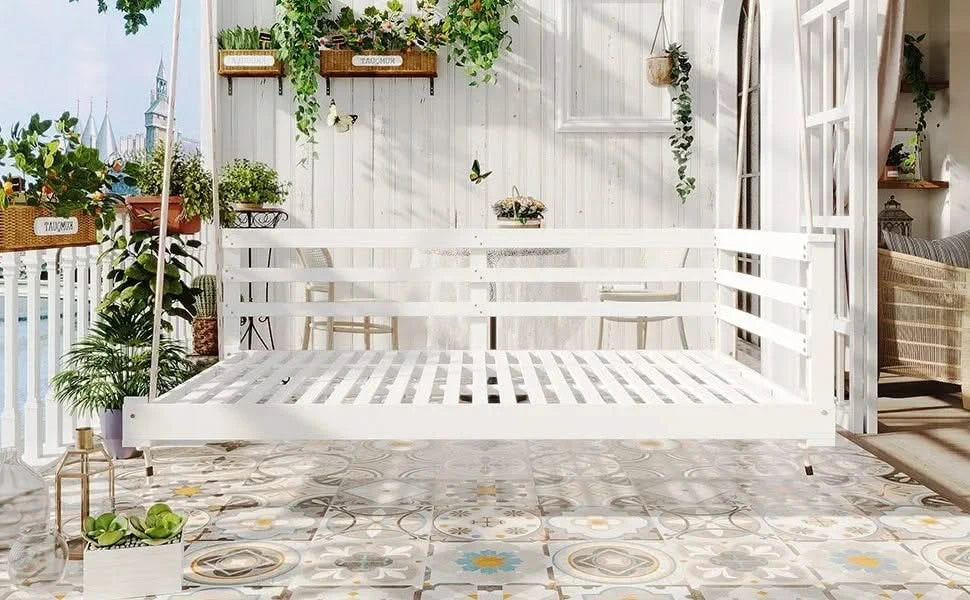 TOPMAX Country Patio Wooden Twin Size Swing Daybed Porch Swing Frame with 4pcs 96-inch Hemp Ropes for Backyard, Garden, White Default -DTYStore