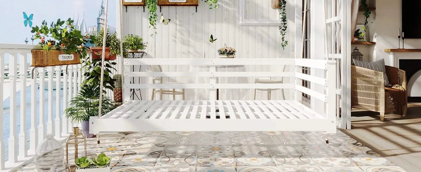 TOPMAX Country Patio Wooden Twin Size Swing Daybed Porch Swing Frame with 4pcs 96-inch Hemp Ropes for Backyard, Garden, White Default -DTYStore