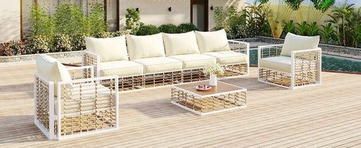 TOPMAX Modern Minimalist 7-Piece Metal Patio Sectional Sofa Set, All-Weather Garden Conversational Furniture Set with Thick Cushions and Coffee Table for Indoor Outdoor, White Default -DTYStore