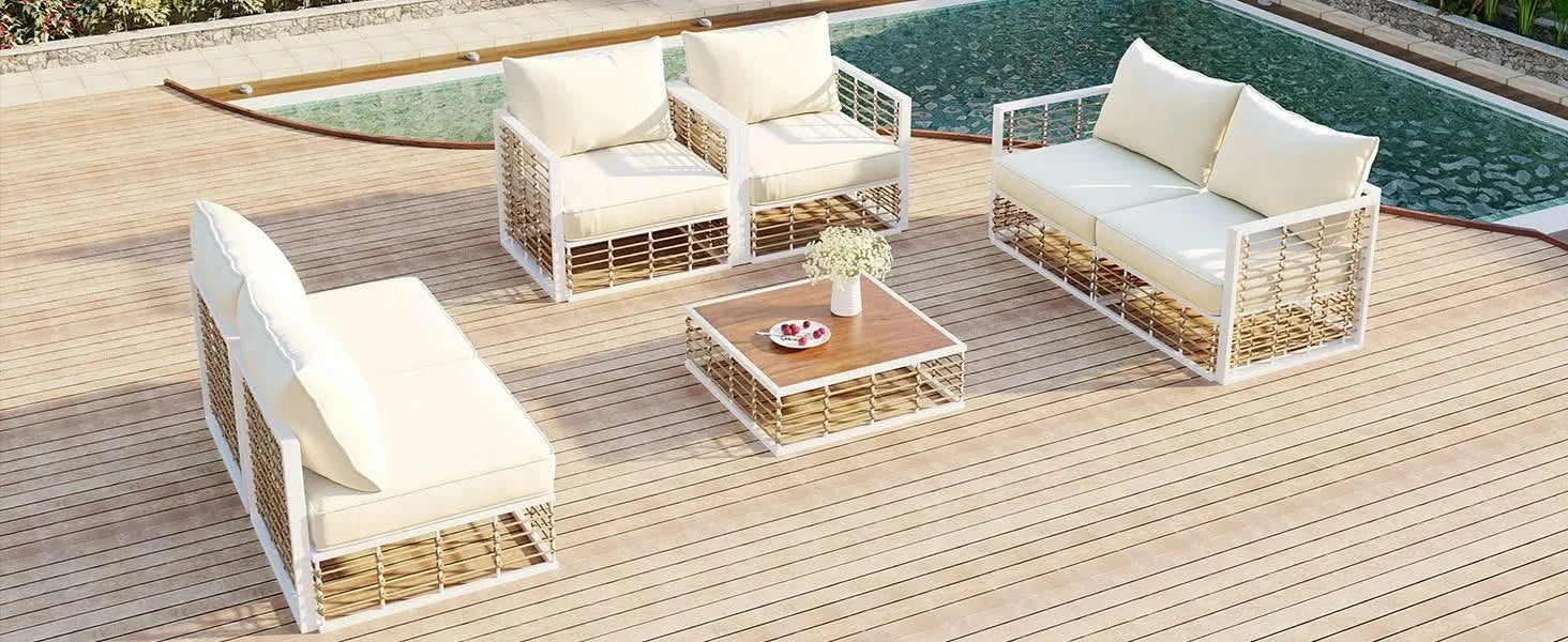 TOPMAX Modern Minimalist 7-Piece Metal Patio Sectional Sofa Set, All-Weather Garden Conversational Furniture Set with Thick Cushions and Coffee Table for Indoor Outdoor, White Default -DTYStore